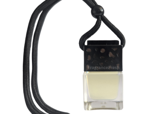 Small clear glass bottle with black lid containing reed diffuser block. The oil liquid inside of the glass is inspired by Yankee Candle black coconut