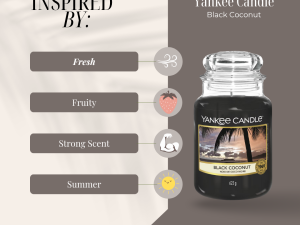 product feature image showing product highlights on the left & jar of yankee candle black coconut to the right